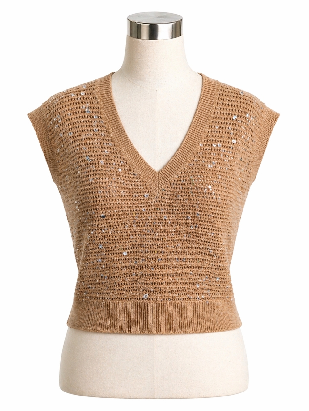 Madewell Women's Tan Sequin Embellished Wool Blend Sweater Vest V-neck Top Sz M